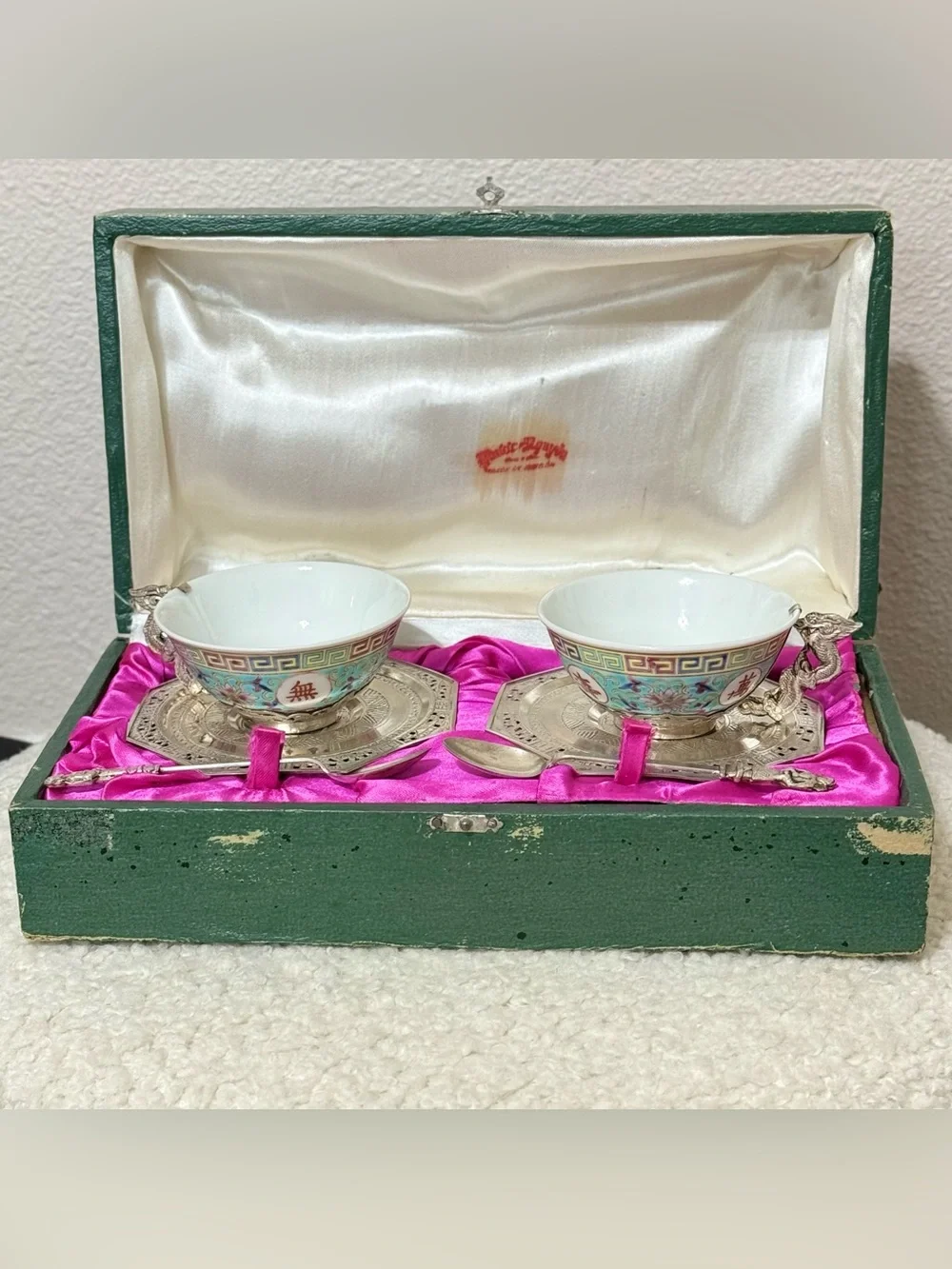 Vintage Famille Rose Tea Cup Saucer Set Pure Silver & Porcelain In Original Box